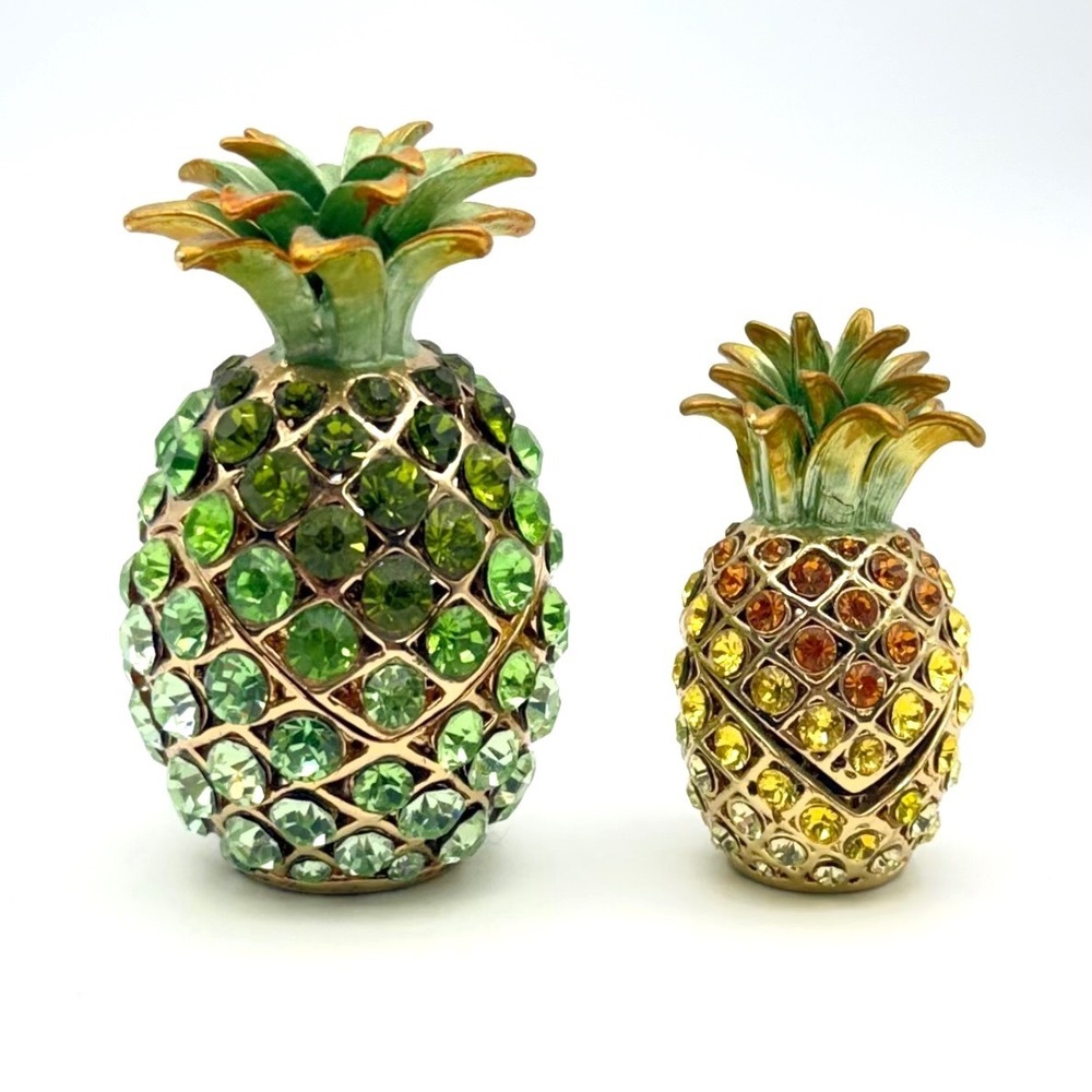 Lia Pineapple Trinket Box Set Crystal Rhinestone Enamel Gold Tone Metal 2pc